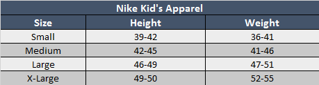 Nike Kids Apparel Sizing Chart