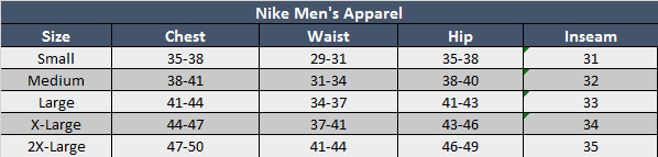 Nike Mens Apparel Sizing Chart