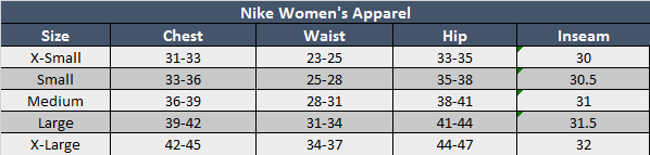 Nike Womens Apparel Sizing Chart