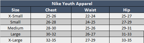 size chart nike youth