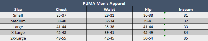 Puma Mens Apparel Sizing Chart
