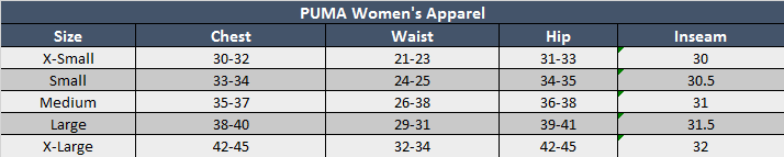 puma womens shoes size chart