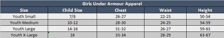 Under Armour Girls Apparel Sizing Chart