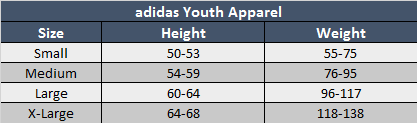 adidas Youth Apparel Sizing Chart